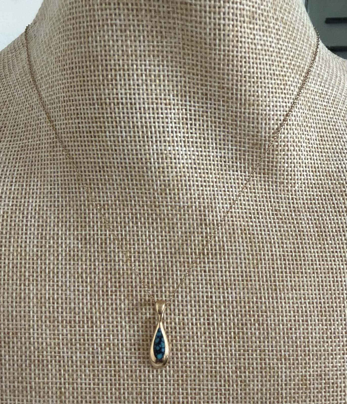 Estate Kabana 14k Yellow Gold Turquoise Teardrop Pendant & 14k Chain Necklace