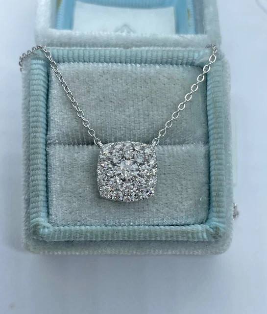 Real Moissanite 1.30Ct Round Cut Cushion Halo Stud Pendant 14K White Gold Plated