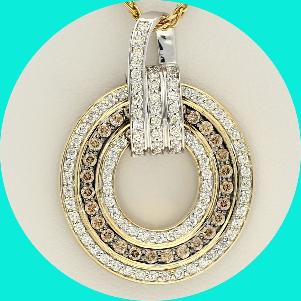 Natural Diamond Concentric Circle Pendant Necklace 1.75CT 14K Gold 18” Chain