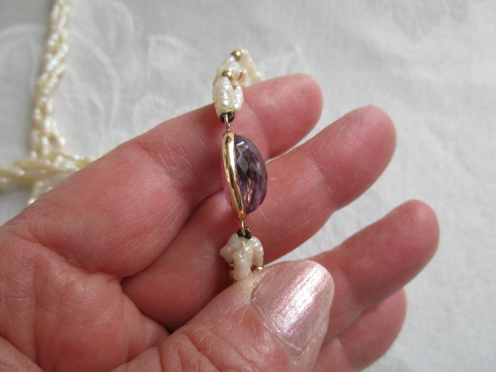Vintage 14K Yellow Gold Amethyst Pearl Necklace 30″ L Excellent