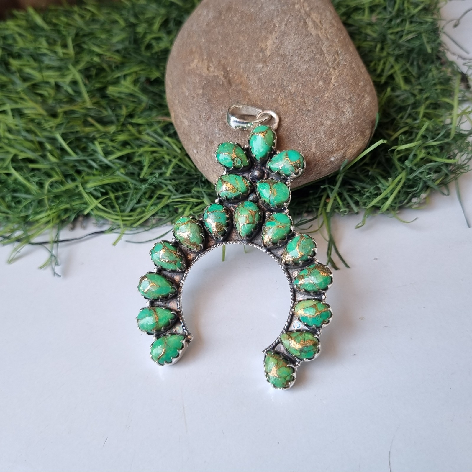 Large Green Copper Turquoise Gemstone Pendant 925 Sterling Silver Gift BT89