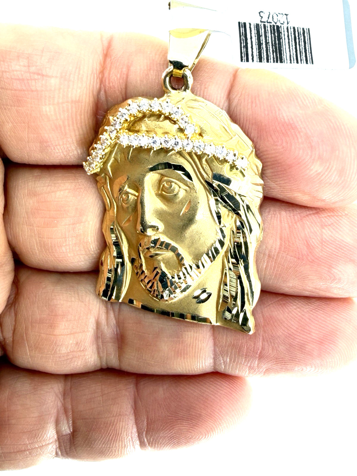 14K Solid Yellow Gold Jesus Face Piece Crown of Thorns CZ Pendant Italy