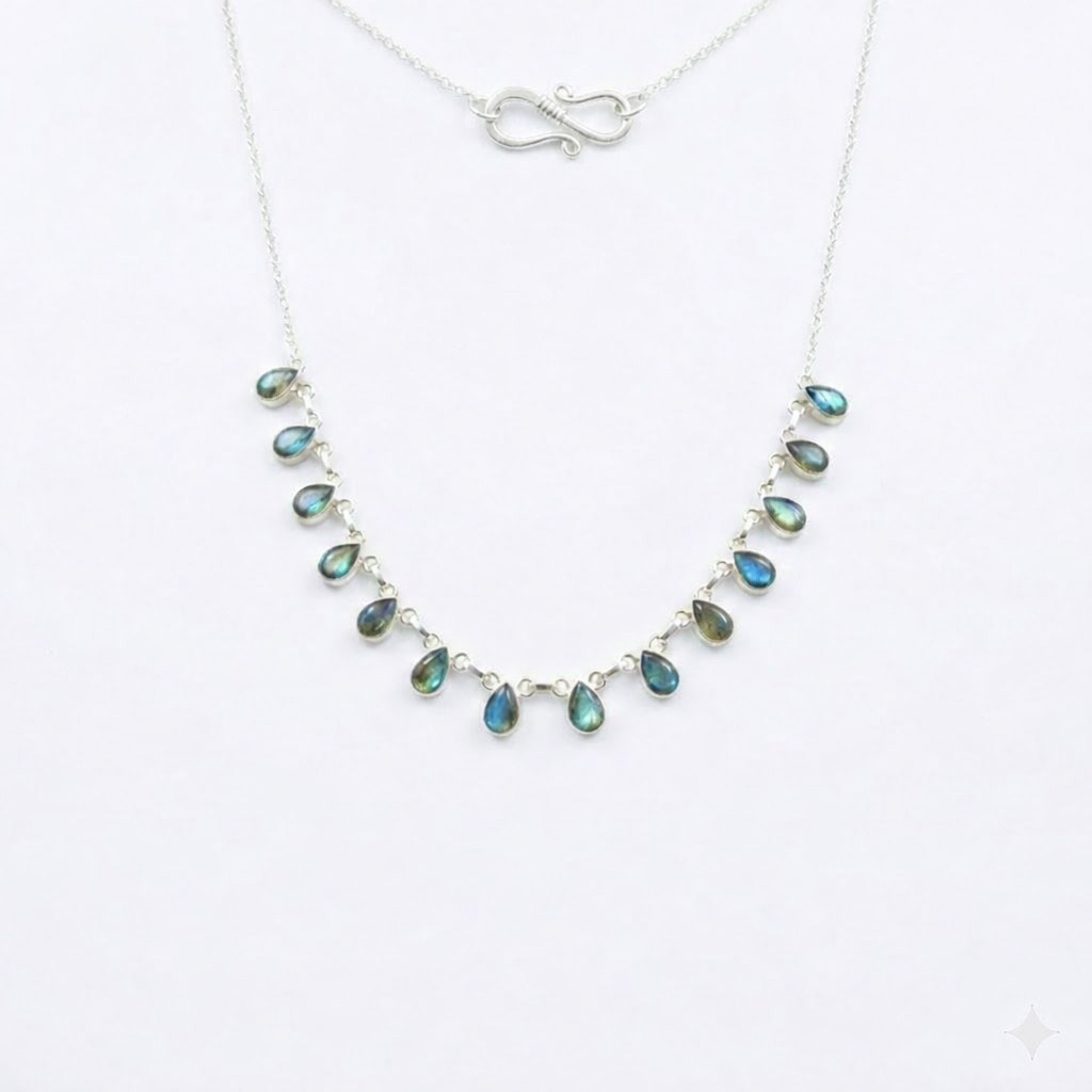 Natural Labradorite Gemstone 925 Sterling Silver Jewelry Necklace Size-17-18″