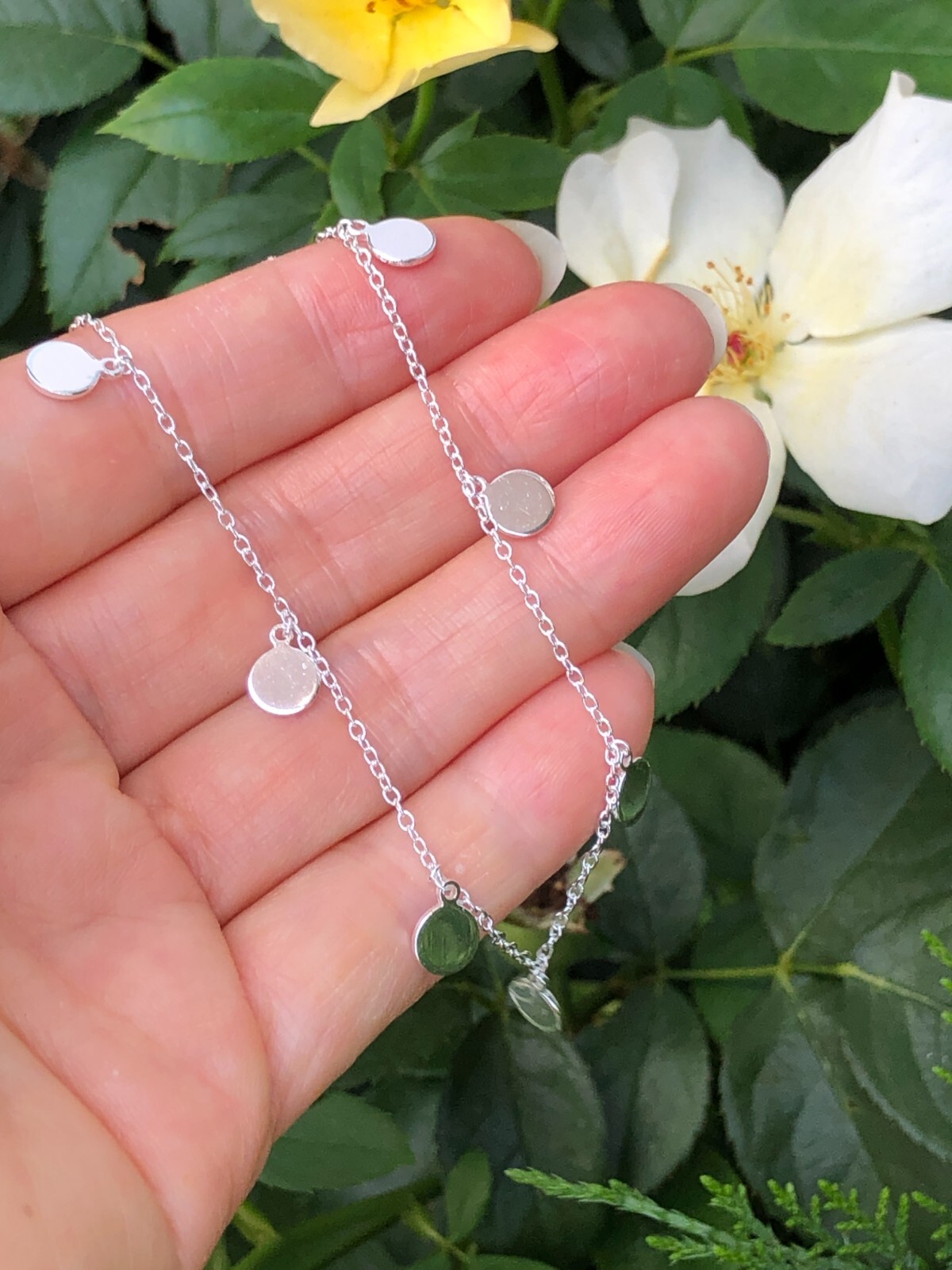 Plain Silver Disc Charm Station Choker Necklace 925 Sterling Silver 5.5mm 15.75″