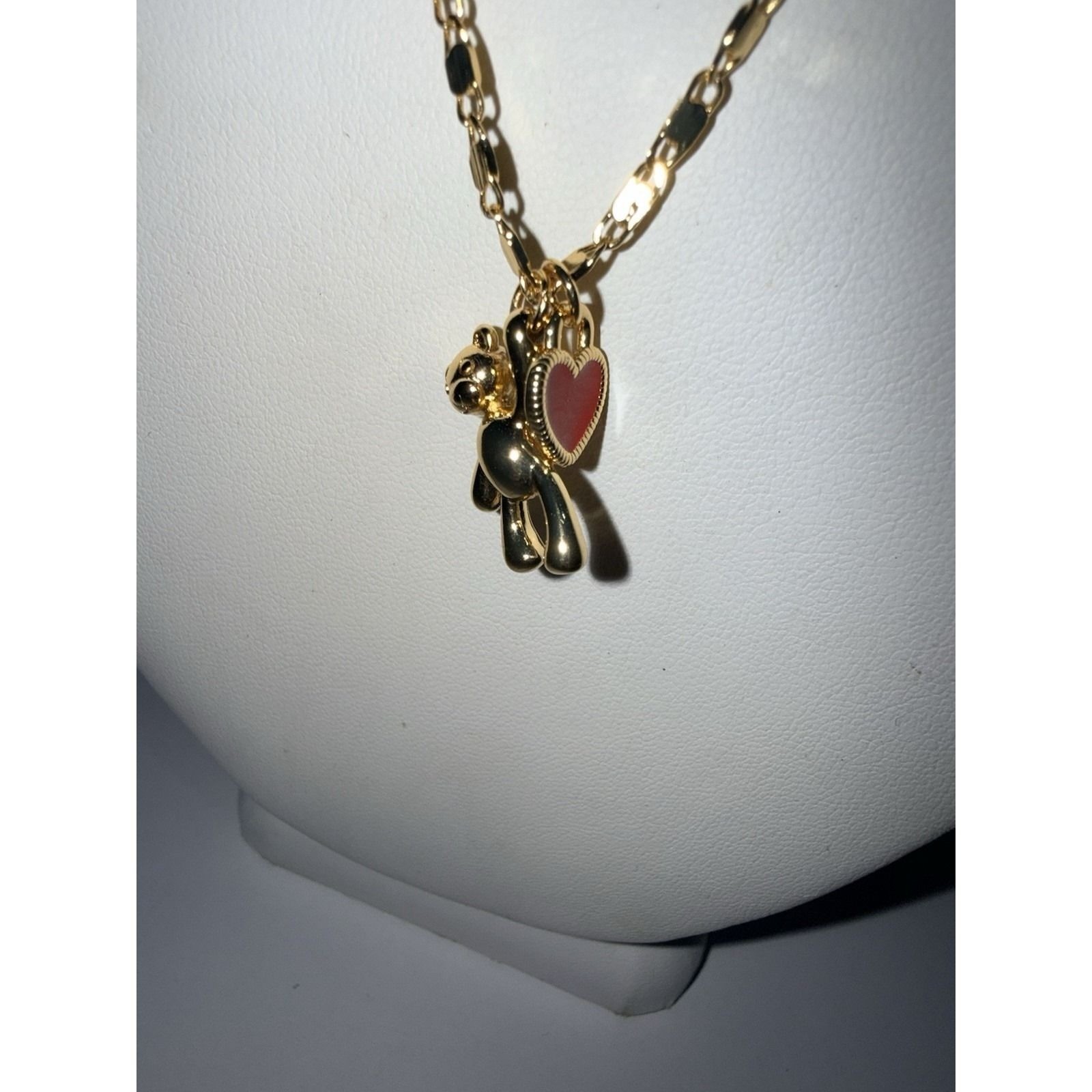 EVRY Jewels Dainty Necklace Gold Tone Adjustable Stackable Teddy Bear Red Heart