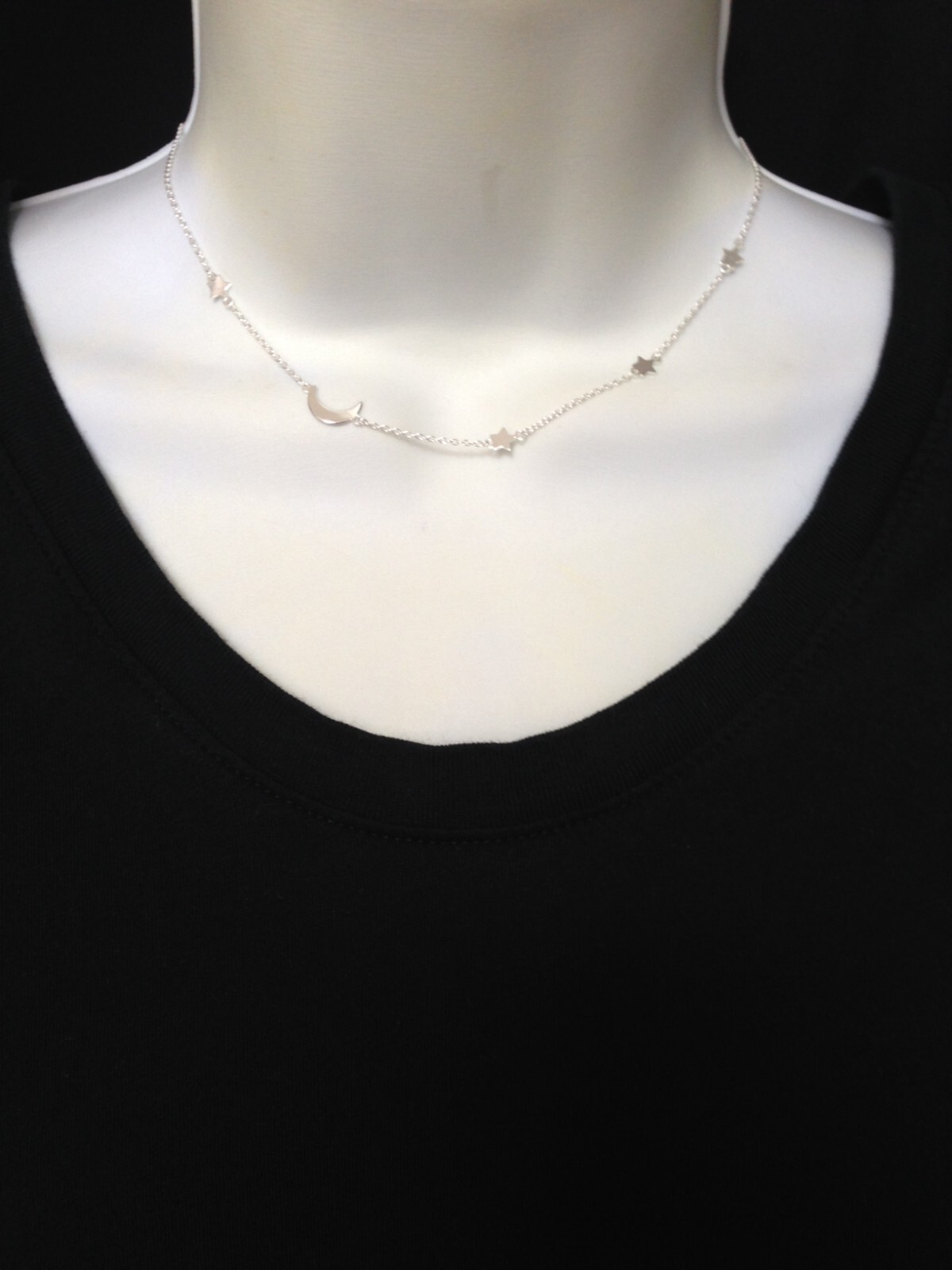 925 Sterling Silver Star Crescent Moon Station Choker Necklace Tiny 4/10mm 15.5″