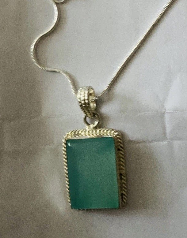 Vintage big Aqua Chalcedony Pendant 925 Silver 20”chain.4×2.5cm UK Seller VGC