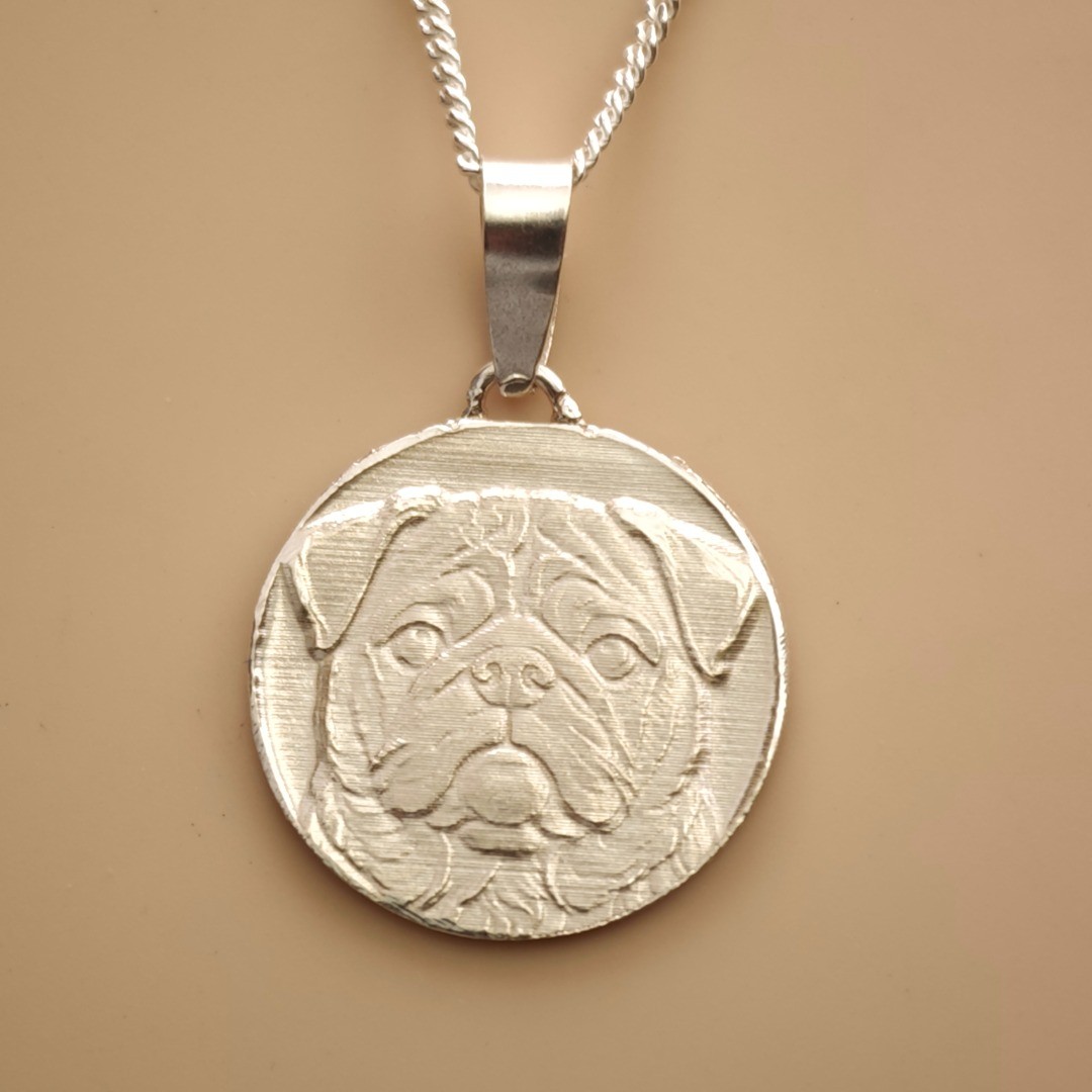 Pug Dog Necklace Sterling Silver Engraved Pet Lover Gift Handmade UK Personalise