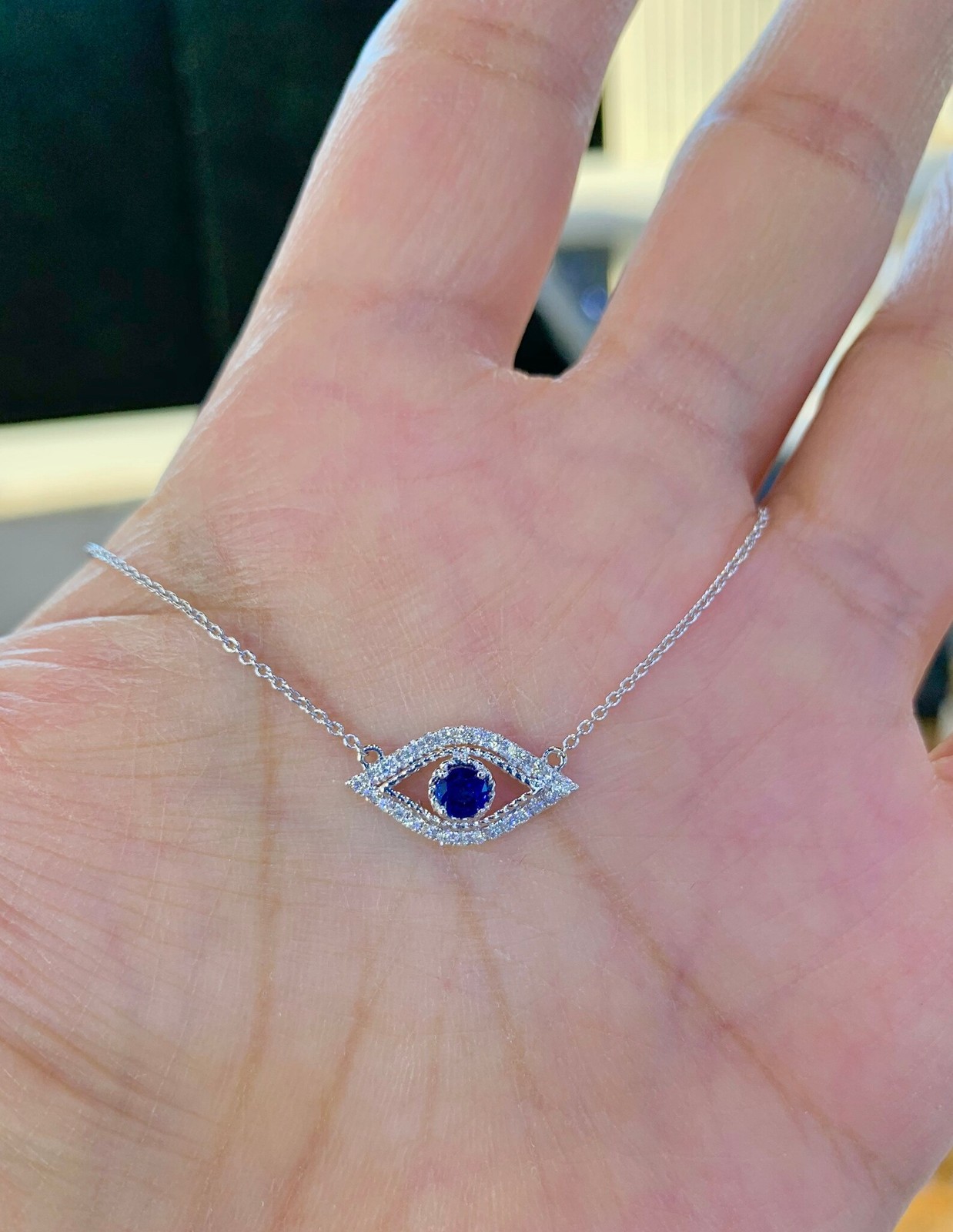 0.18Ct Round Cut Lab-Created Sapphire Evil Eye Pendant 14K White Gold Plated 18″