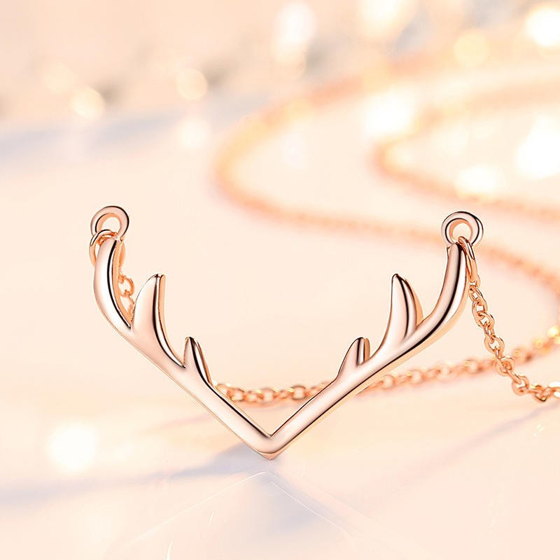 Rose Gold Deer Antler Pendant Necklace Minimalist Reindeer Horn Necklace for Her