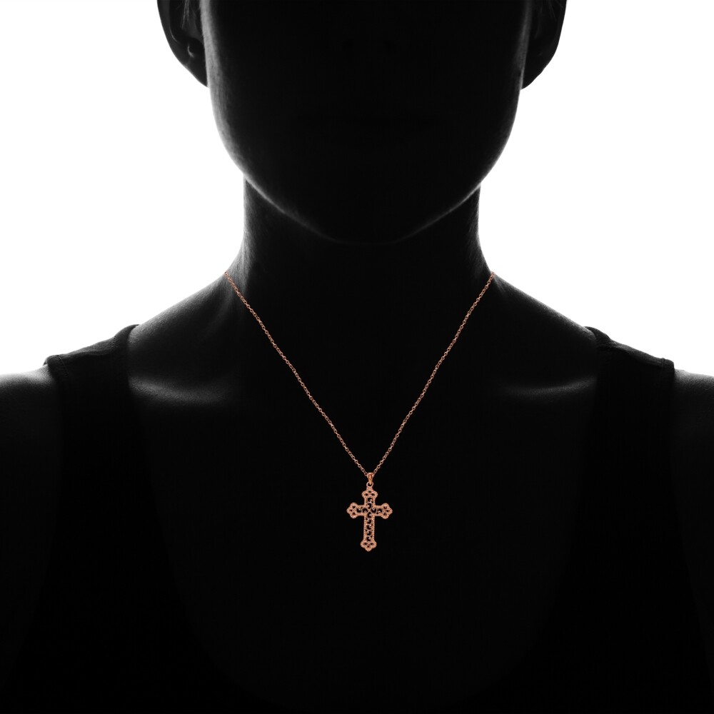 Rose Gold Flashed Sterling Silver High Polished Filigree Cross Bottony Necklace