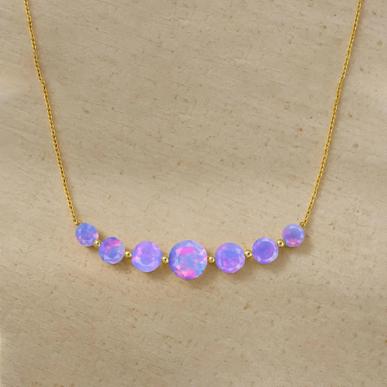 Multifire Lavender Opal Seven Stone Bar Chain Necklace, Natural Opal Gemstone