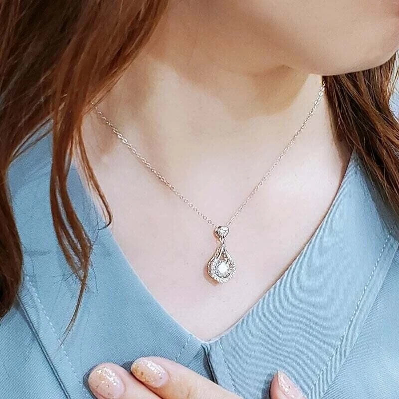 1Ct Lab Created Diamond Dancing Stone Tear Drop Necklace 14k White Gold Plated
