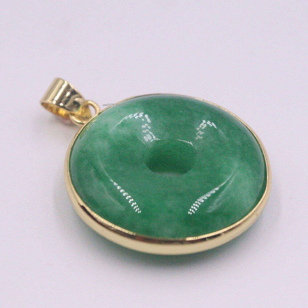 18K Yellow Gold Cover Alloy Handmade Green Jade Round Lucky Pendant 35*26MM