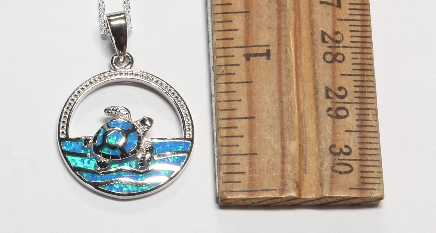 Sterling 26mm Polished Blue Inlay Created Opal Turtle Pendant w/ 18″ SS Chain