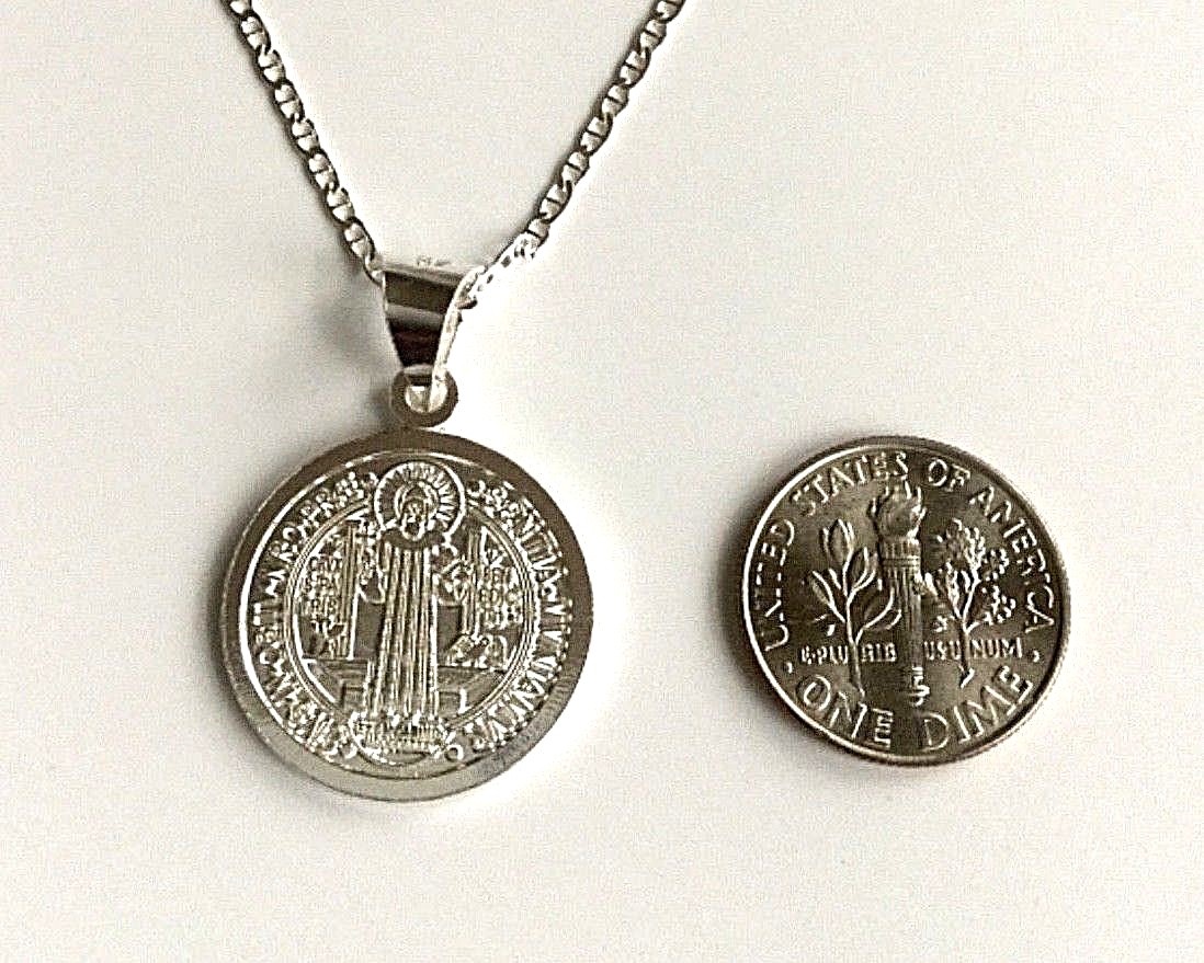 Solid 925 Sterling Silver 20mm Saint Benedict San Benito Pendant Necklace 22″ #2