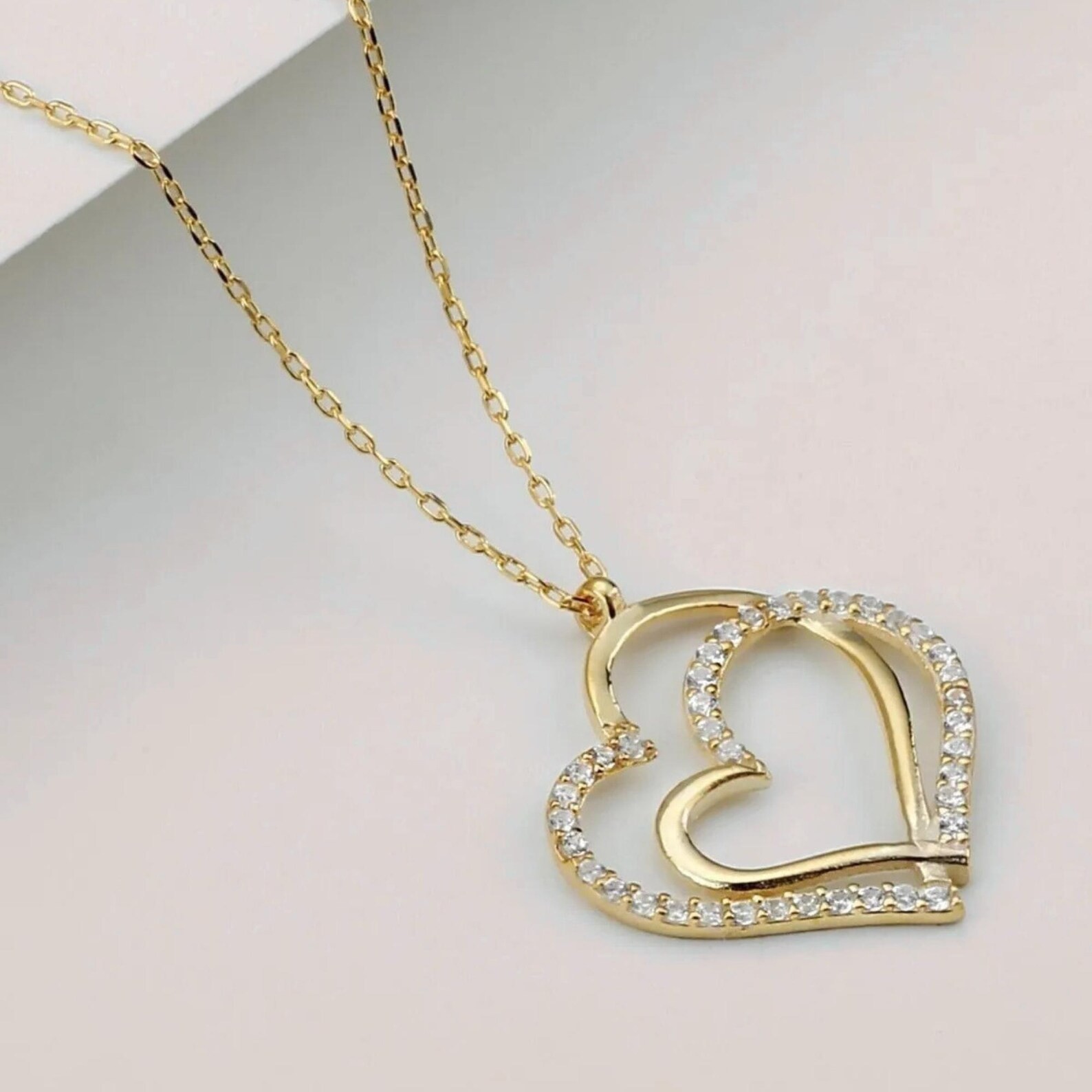 0.60 Ct Round Moissanite Couple Heart Womens Necklace 14K Yellow Gold Plated