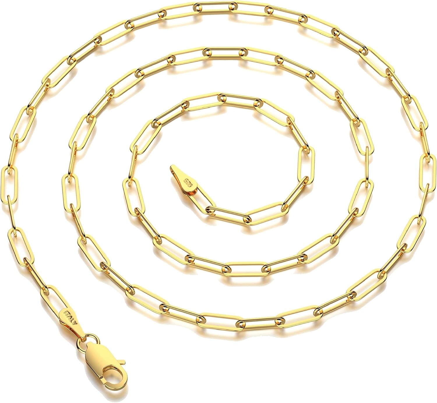 Paperclip Link Chain Necklace 925 Sterling Silver 14K Yellow Gold Plated
