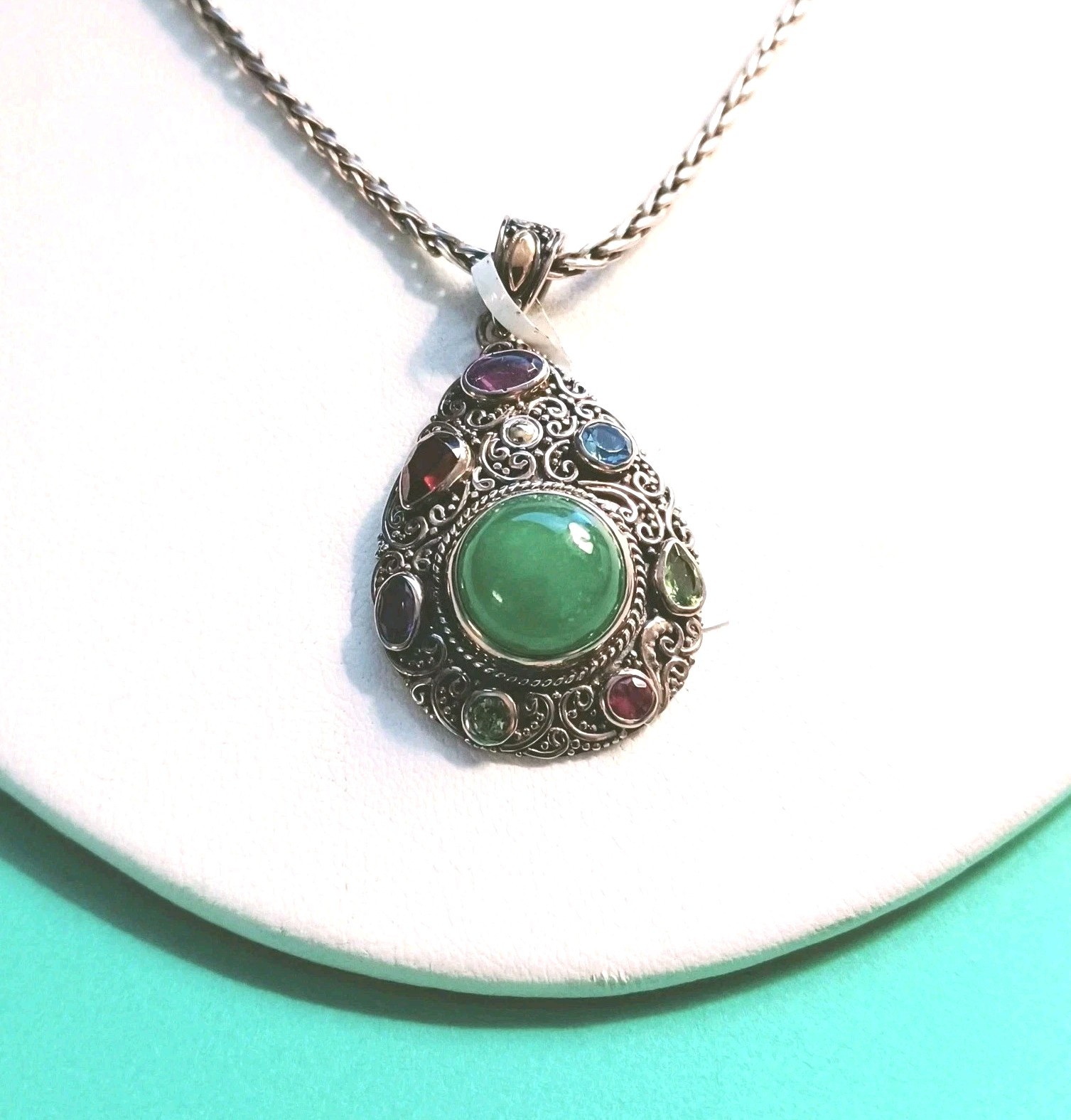 Burmese Green Jade Diamond Pendant Necklace in 925 Sterling Silver.