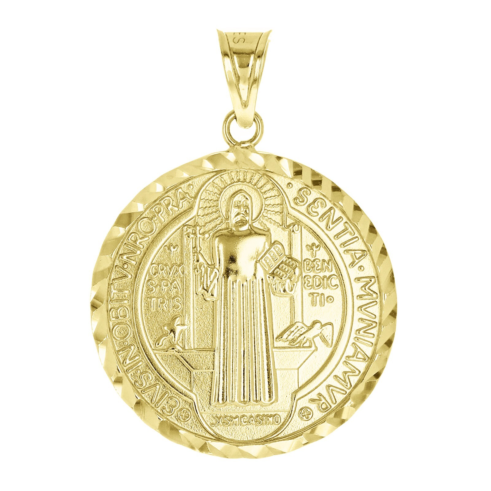 Italian 14k Yellow Gold Reversible Saint Benedict Medal Charm Pendant 1.2″ 3.3g
