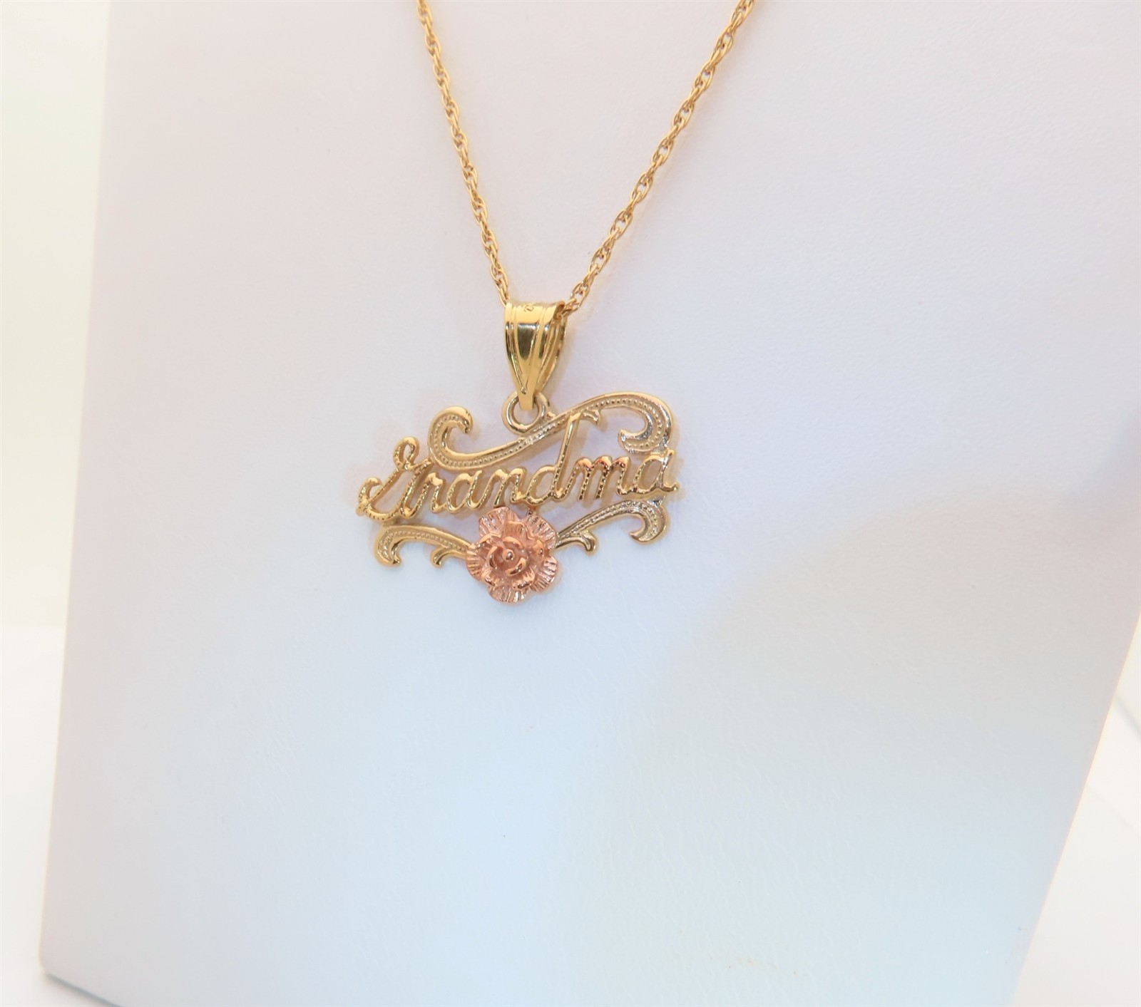 Gold Grandmother Necklace Grandma Jewelry Gift 14K Solid Gold Rose 24″ PN049