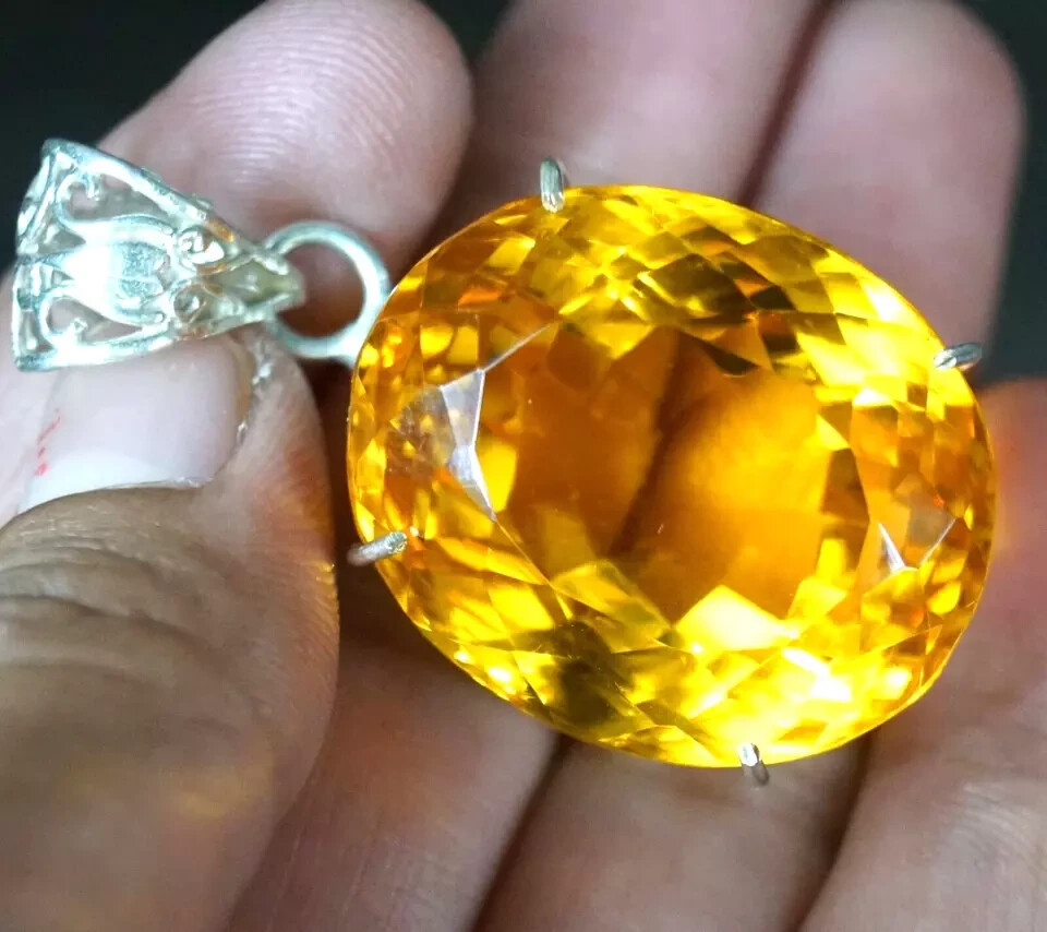 94 Ct+ Natural Yellow Citrine 925 Solid Silver Oval Pendant Loose Gemstone A+