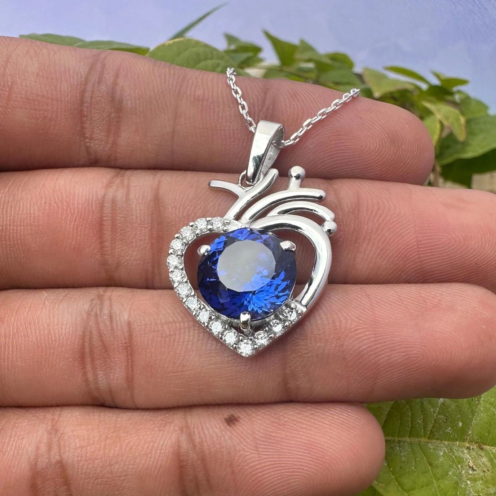 Certified Blue Sapphire 29 Ct Heart Pendant Necklace 925 Sterling Silver