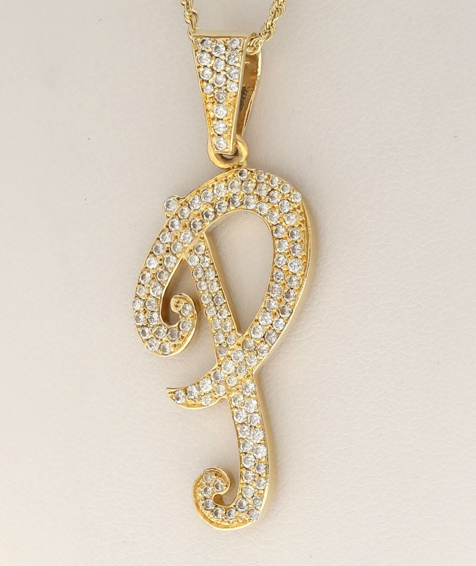 Natural Diamond Large Initial P Pendant Necklace 1.20CT 14K YG 20.5” Chain