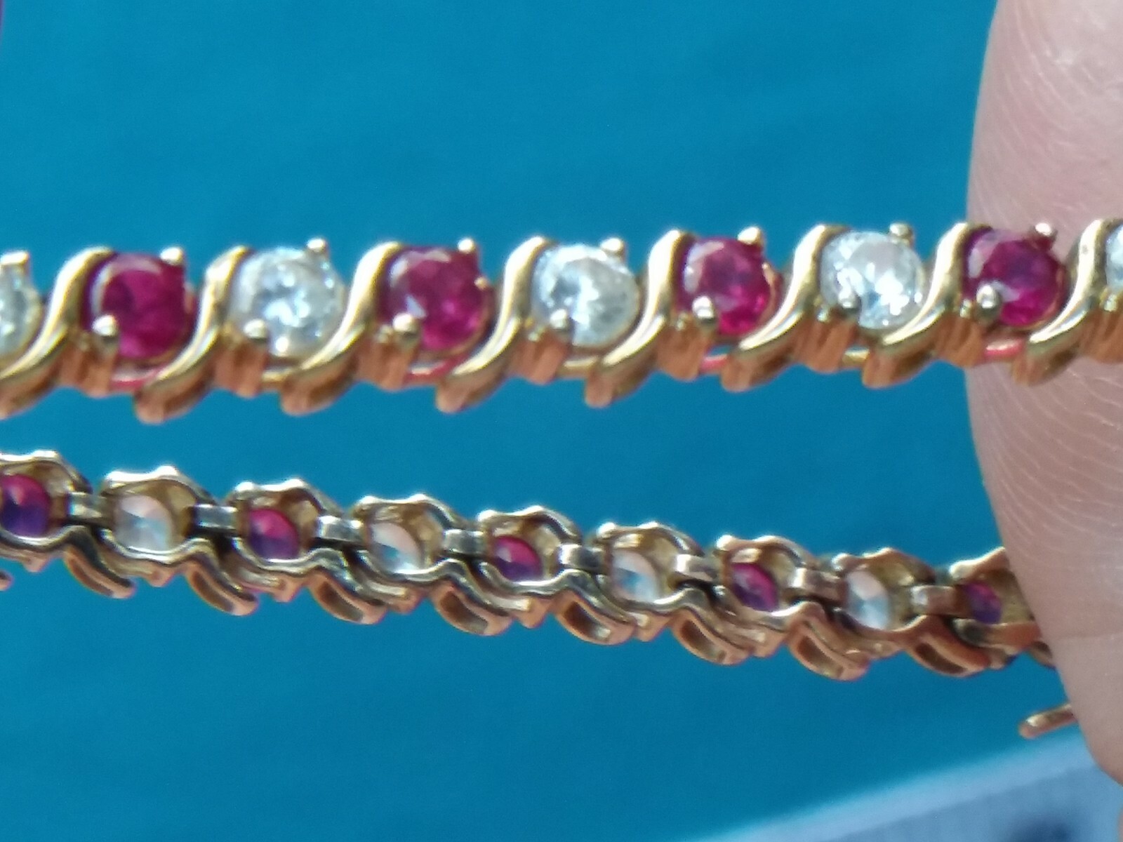 Gold over 925 Sterling Silver Red and White Stoned Bracelet 7 1/2 inch #5533