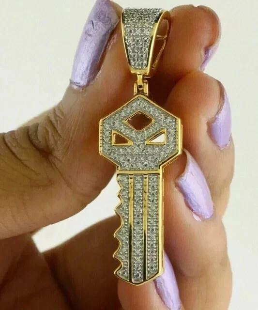 Key Charm Women Pendant 1.22Ct Round Cut White Moissanite 14K Yellow Gold Plated