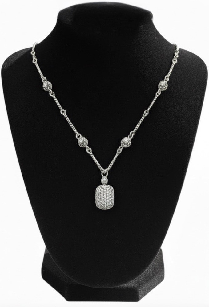 ADI Sterling Silver CZ Dog Tag Pendant with Twisted Bar Link Station 18” L Chain