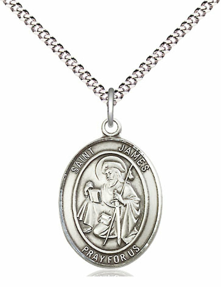 St. James the Greater Medal 3/4″ Sterling Silver, 18″ Rhodium Plate Clasp Chain