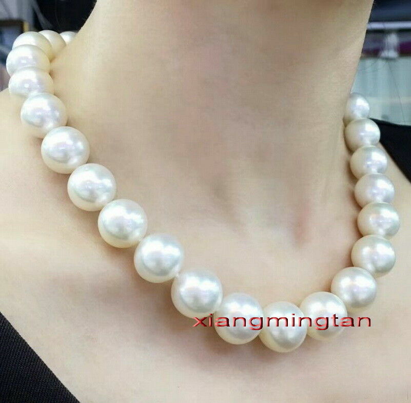 ROUND AAAAA 17″13-15mm real natural south sea WHITE pearl necklace 14K gold