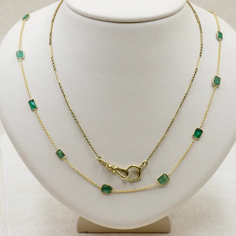 14k Yellow Gold Emerald Natural Diamond Bezel Set Station Necklace For Propose