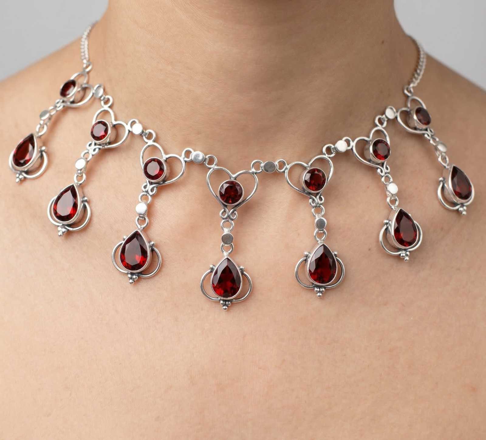 925 Sterling Silver Red Garnet Gemstone Handmade Jewelry Necklace Size-18″