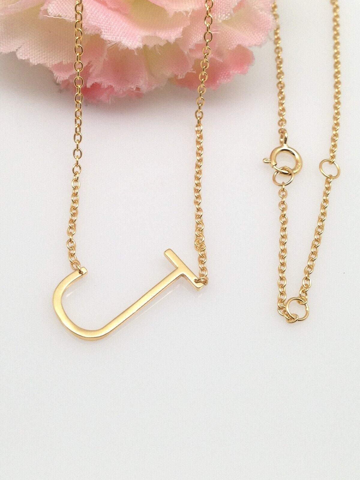 925 Sterling Silver Sideways Initial Letter J Pendant Necklace Gold 16mm Women