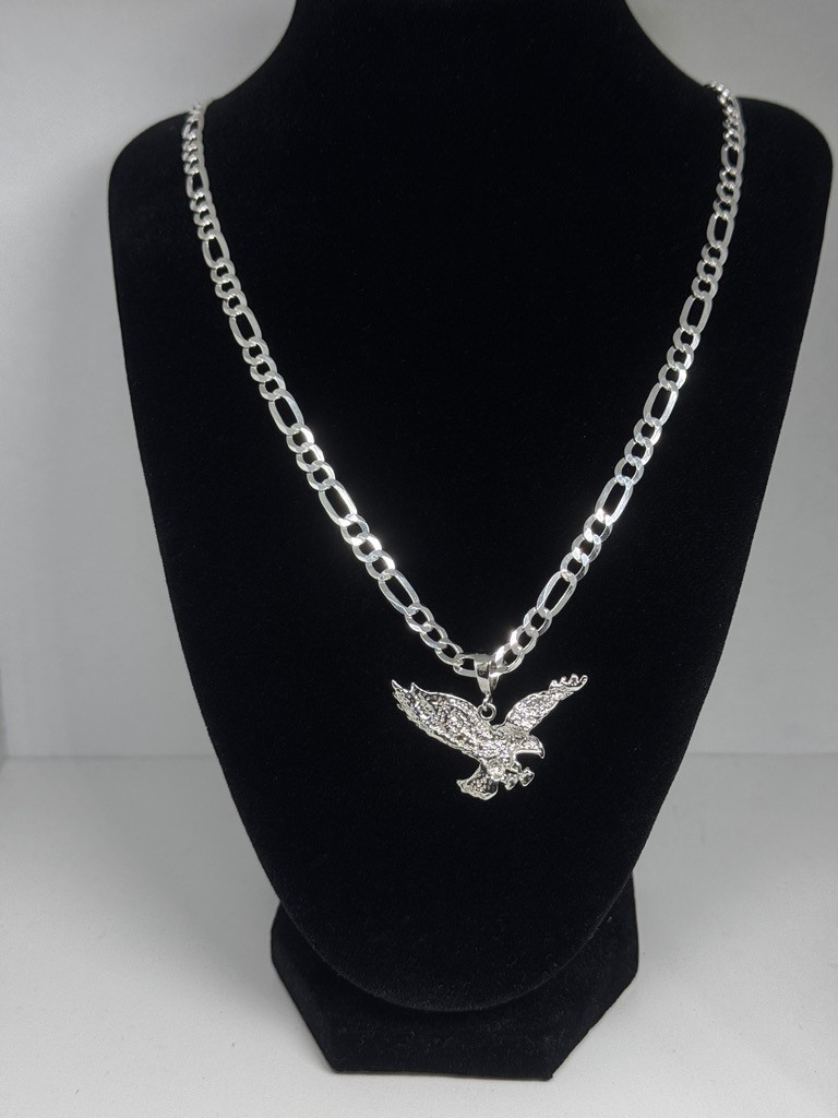 925 Sterling Silver Eagle Pendant Necklace 24 Inch Figaro Chain 22 Grams