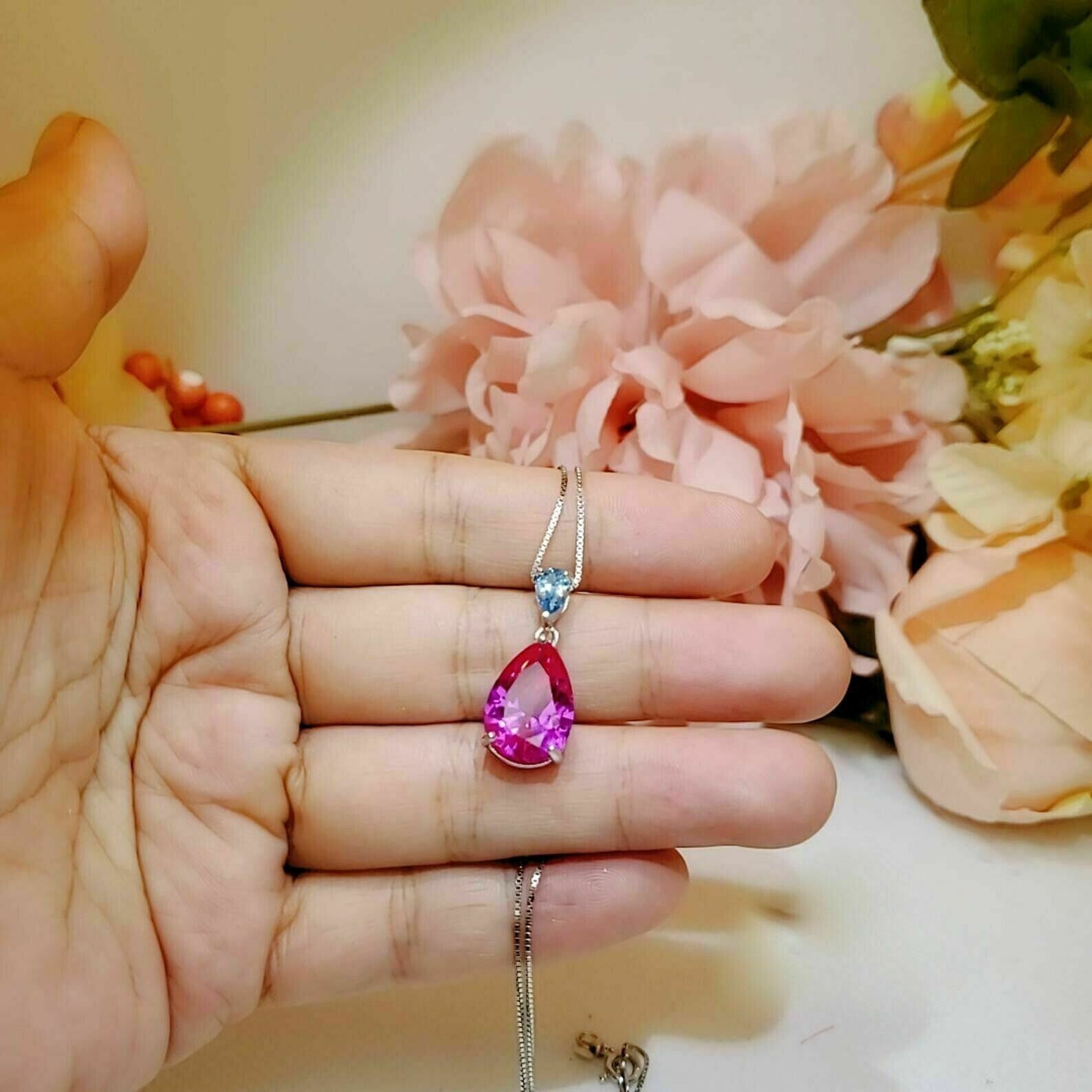 2.10Ct Pear Cut Pink Sapphire Teardrop Pendant 14K White Gold Plated Free Chain