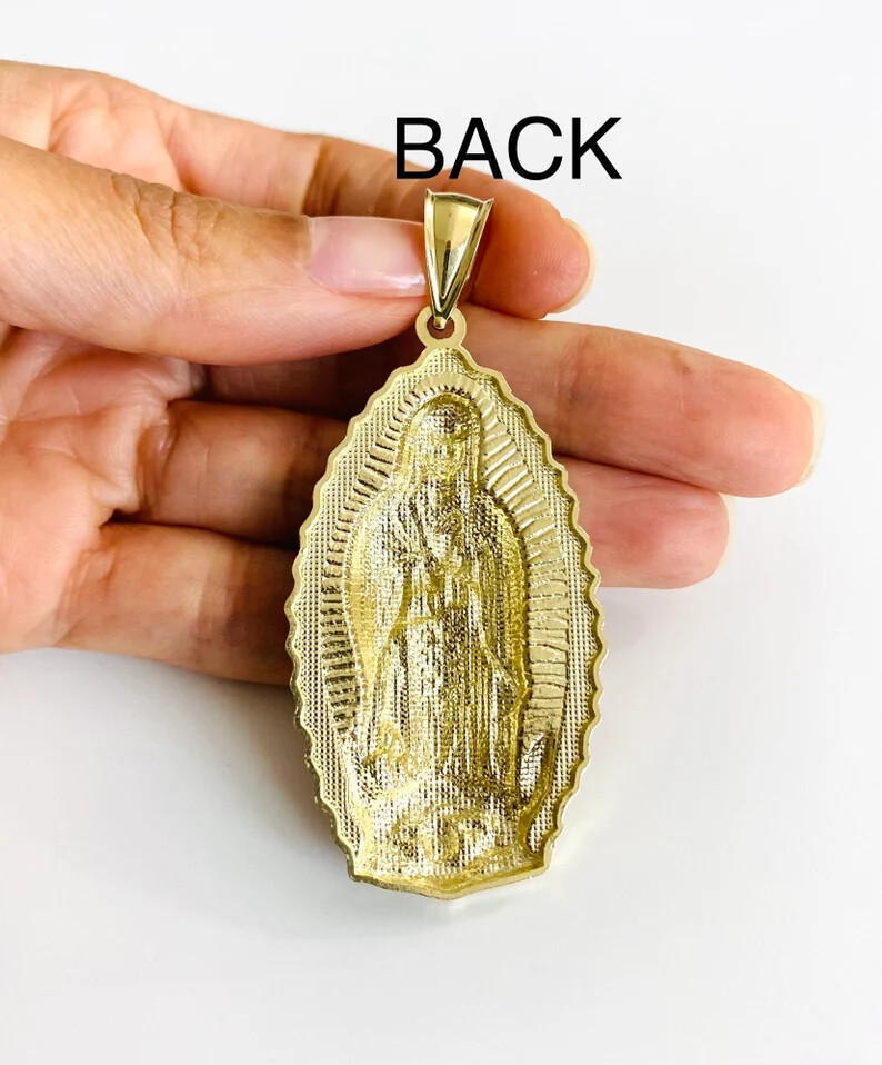 10K Solid Gold Virgin Mary Pendant- 2.6″ 10K Solid Gold Virgin of Guadalupe -G85