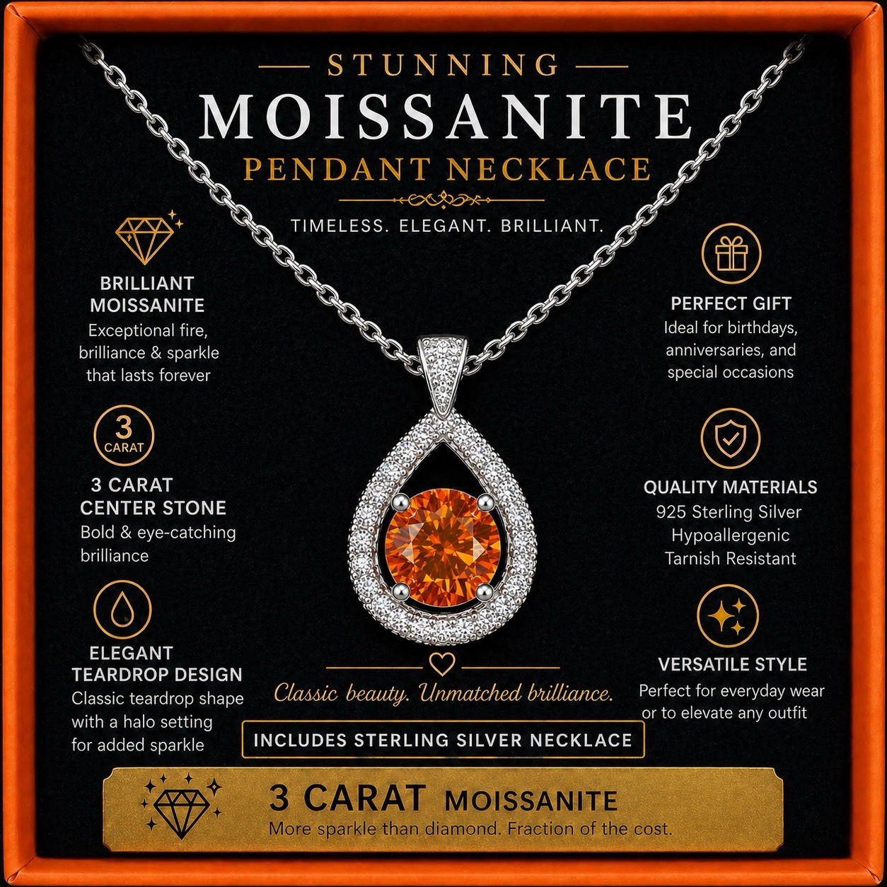 Silver Orange Moissanite Teardrop Halo Pendant Necklace 3ctw 925 Sterling