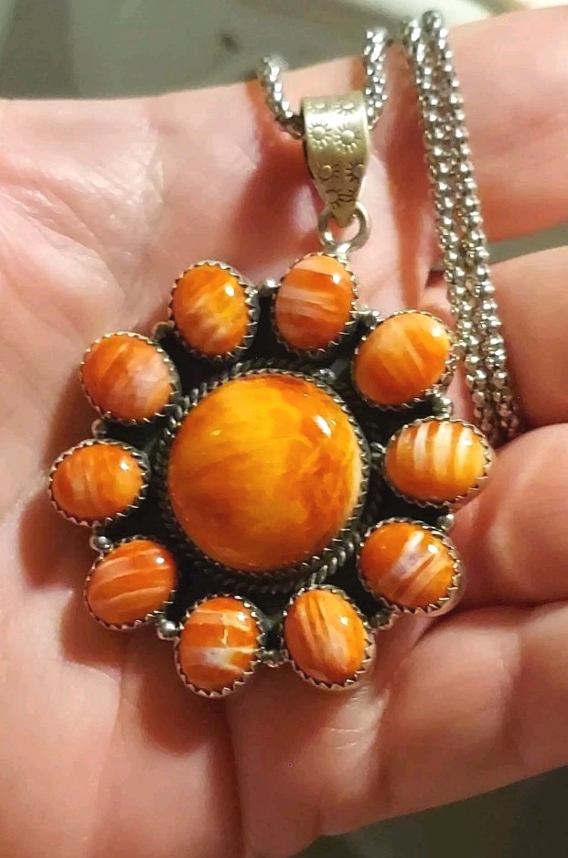 New HUGE Sterling Silver Natural Orange Spiny Cluster Pendant with Chain