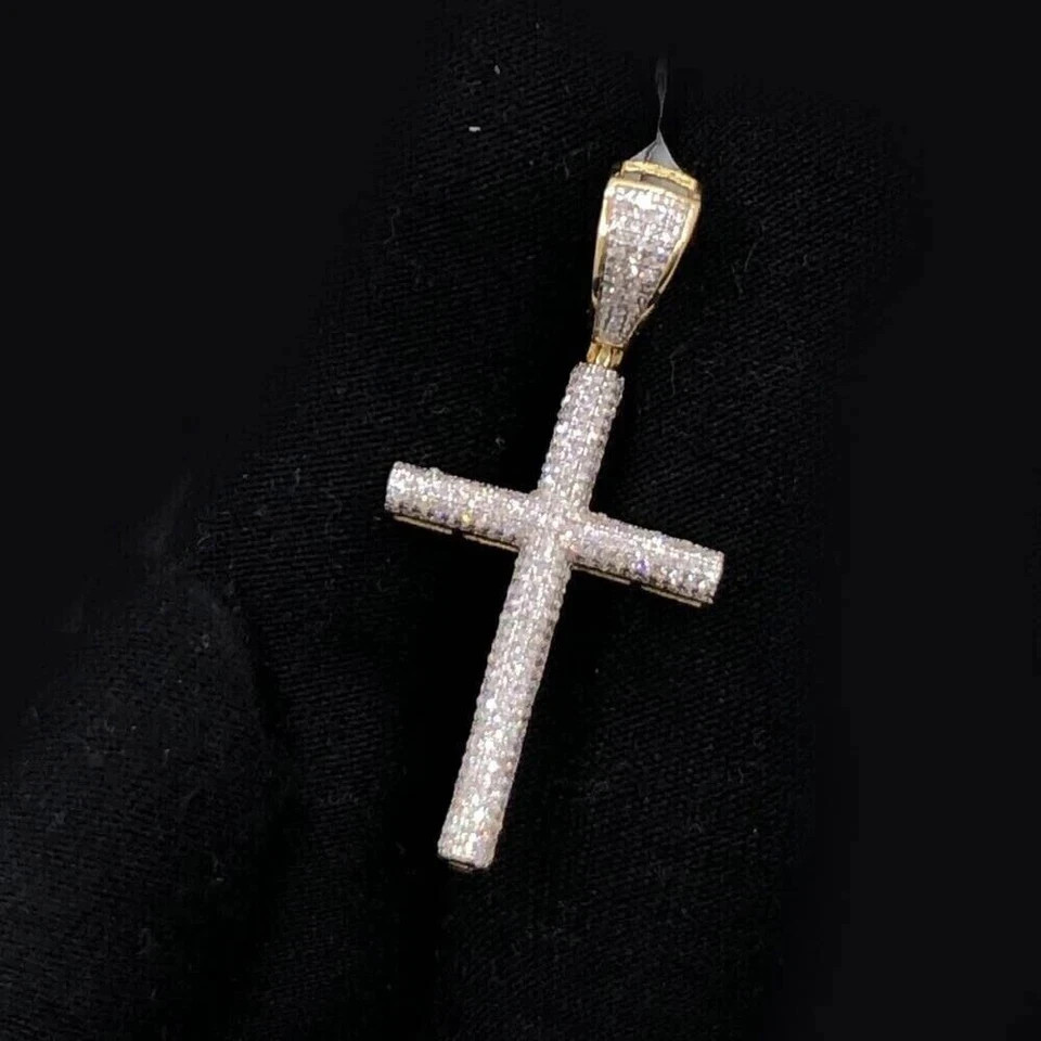 1.50Ct Round Cut Moissanite Cross Men’s Pendant 14k Yellow Gold Plated Silver