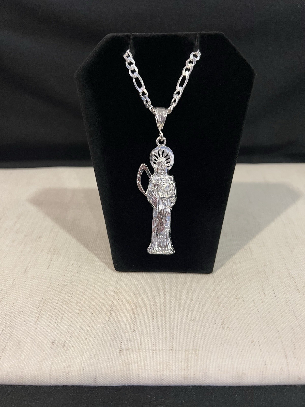 925 Sterling Silver Men Women Big Santa Muerte Grim Reaper Figaro Chain 20 24 30