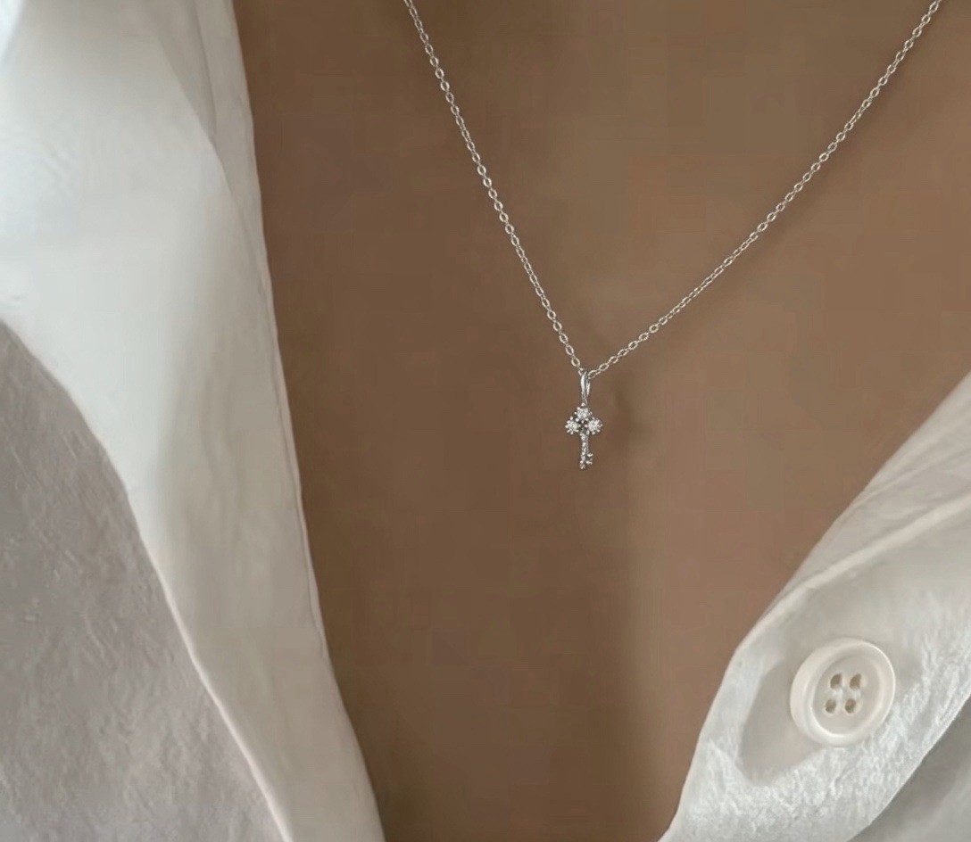 Minimalist Key Necklace Sterling Silver 925 CZ Dainty Pendant