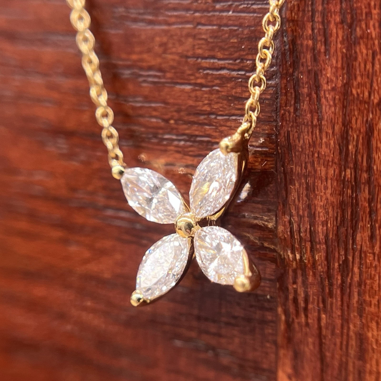 Dainty 0.47cts Marquise Real Diamonds Flower Pendant 18K Yellow Gold Necklace