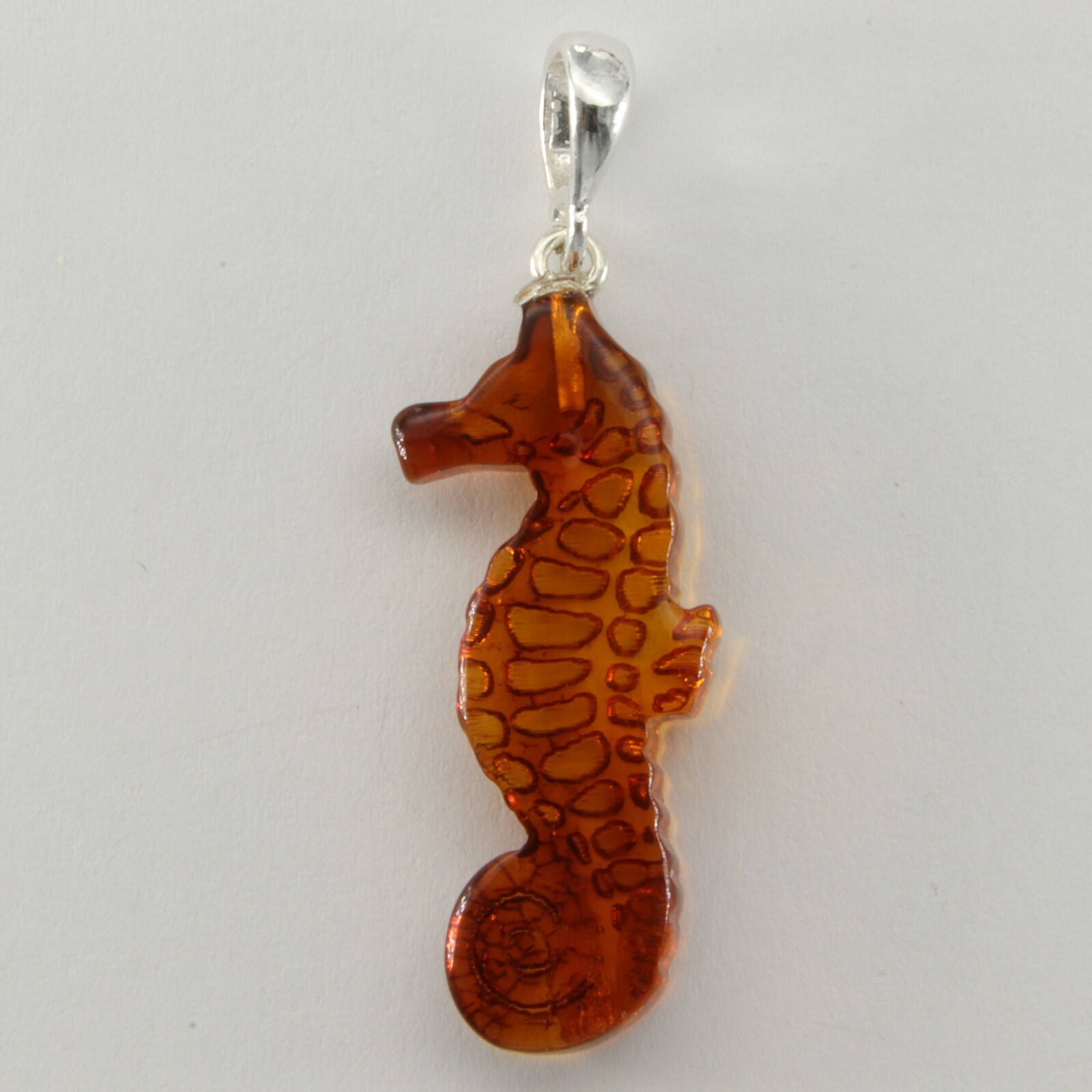 Cognac / Brown BALTIC AMBER Carved Sea Horse Pendant 925 STERLING SILVER #5711e