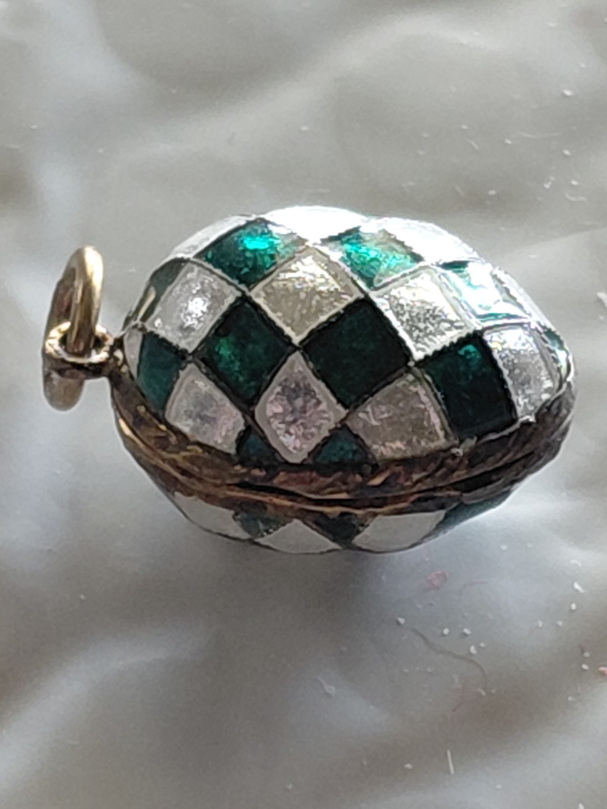 Checkerboard Russia Enamel Sterling Silver Gilt Egg Pendant LOCKET Bunny Dangle