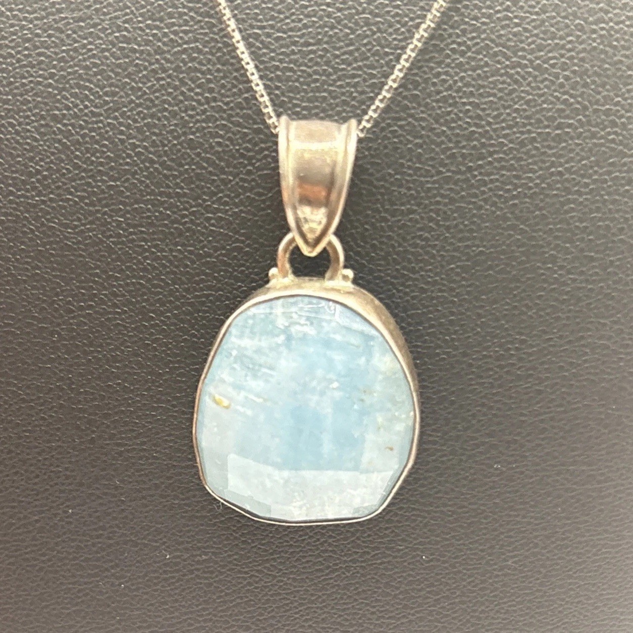 Signed AP 925 Sterling Silver Bezel Aquamarine Pendant Geometric Faceted