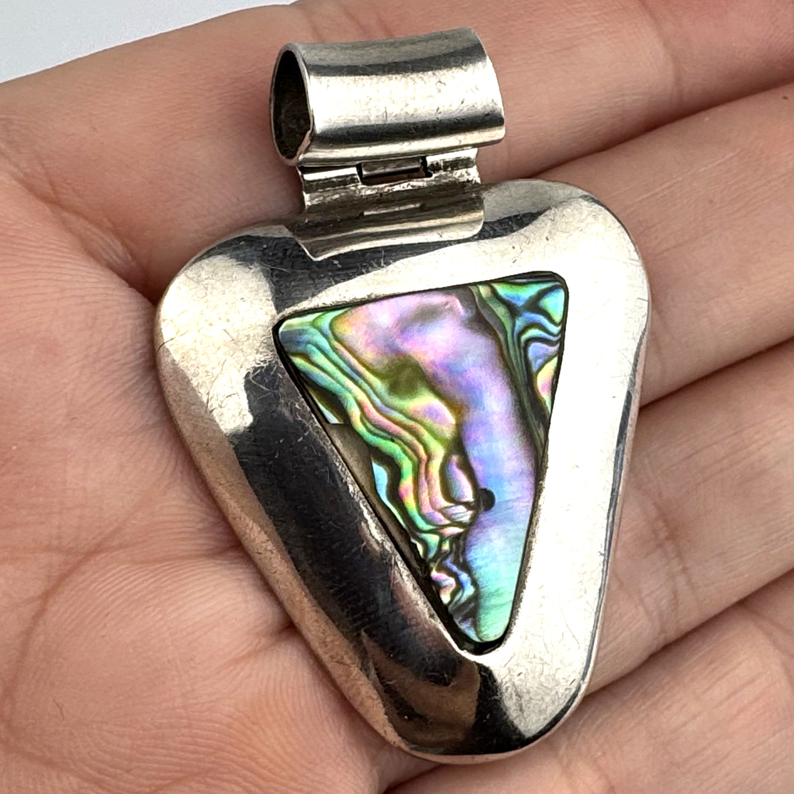 Vintage Sterling Silver 950 Modernist Abalone Shell Geometric Artisan Pendant