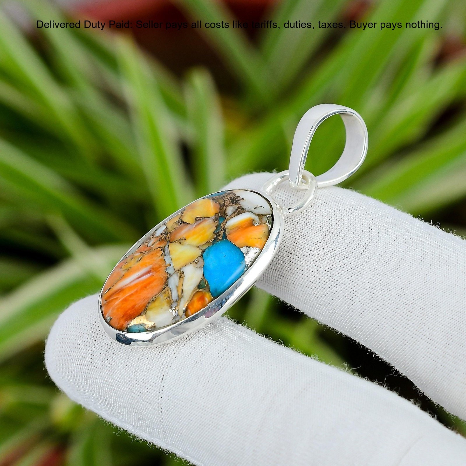 925 Silver Spiny Oyster Copper Turquoise Gemstone Bezel Boho New Pendant Jewelry